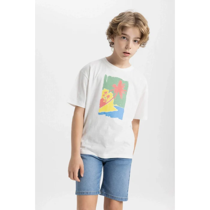 Defacto C4046 Ekru Erkek Çocuk Oversize Geniş Kalıp Bisiklet Yaka Baskılı Kısa Kollu Tişört