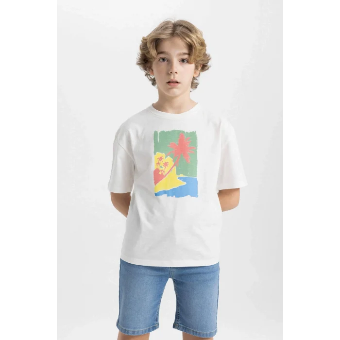 Defacto C4046 Ekru Erkek Çocuk Oversize Geniş Kalıp Bisiklet Yaka Baskılı Kısa Kollu Tişört