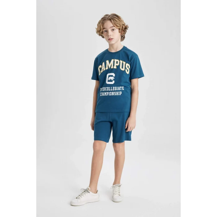 Defacto B9989 Mavi Erkek Çocuk 2li Takım Baskılı Kısa Kollu Tişört Şort