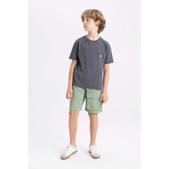 Defacto C1918 Gri Erkek Çocuk Bisiklet Yaka Yıkamalı Soluk Efektli Kısa Kollu Tişört