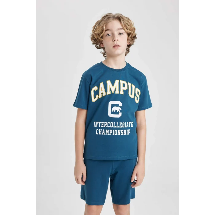 Defacto B9989 Mavi Erkek Çocuk 2li Takım Baskılı Kısa Kollu Tişört Şort