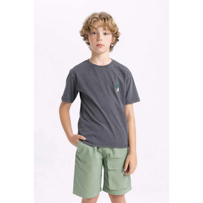 Defacto C1918 Gri Erkek Çocuk Bisiklet Yaka Yıkamalı Soluk Efektli Kısa Kollu Tişört