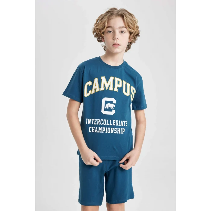 Defacto B9989 Mavi Erkek Çocuk 2li Takım Baskılı Kısa Kollu Tişört Şort