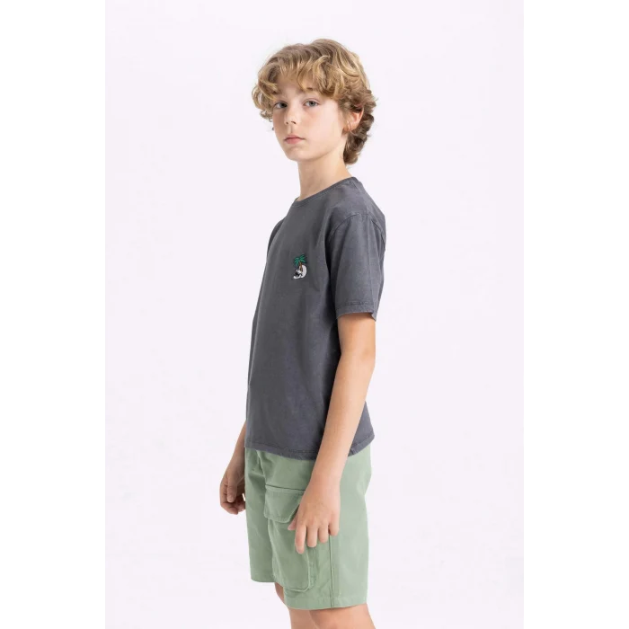 Defacto C1918 Gri Erkek Çocuk Bisiklet Yaka Yıkamalı Soluk Efektli Kısa Kollu Tişört