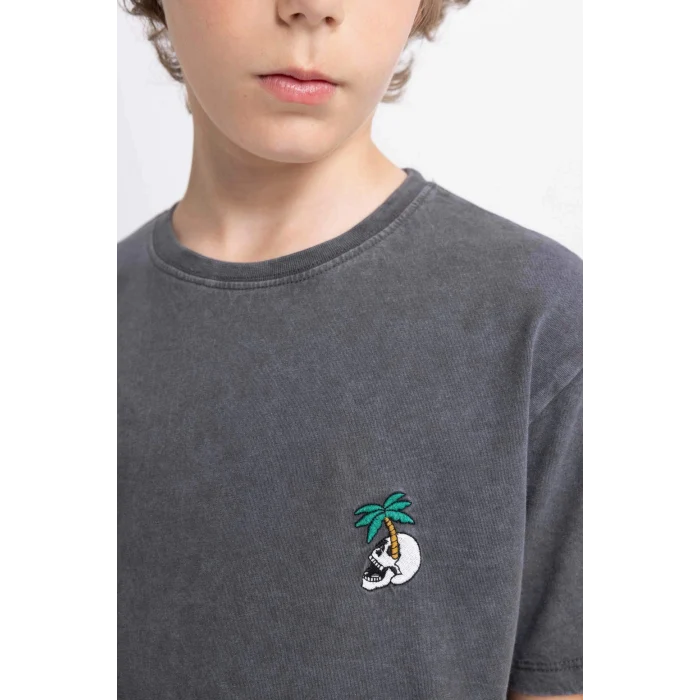 Defacto C1918 Gri Erkek Çocuk Bisiklet Yaka Yıkamalı Soluk Efektli Kısa Kollu Tişört