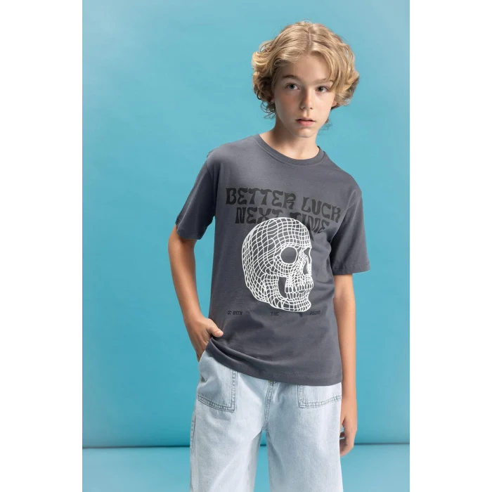 Defacto C6255 Antrasit Erkek Çocuk Bisiklet Yaka Renk Şekil Değiştiren Basklı Kısa Kollu Tişört