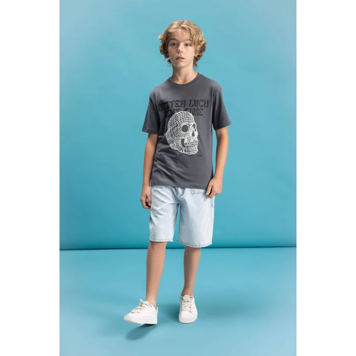 Defacto C6255 Antrasit Erkek Çocuk Bisiklet Yaka Renk Şekil Değiştiren Basklı Kısa Kollu Tişört