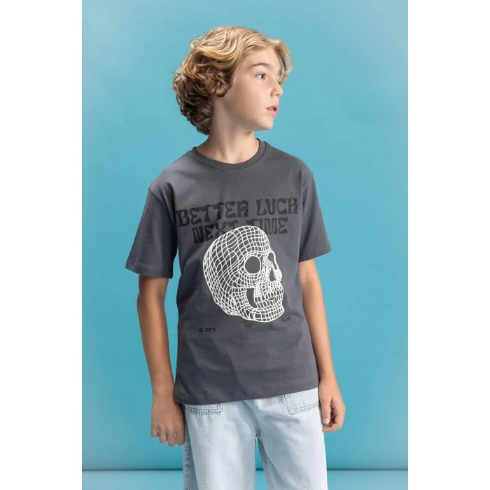 Defacto C6255 Antrasit Erkek Çocuk Bisiklet Yaka Renk Şekil Değiştiren Basklı Kısa Kollu Tişört