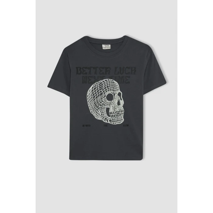 Defacto C6255 Antrasit Erkek Çocuk Bisiklet Yaka Renk Şekil Değiştiren Basklı Kısa Kollu Tişört