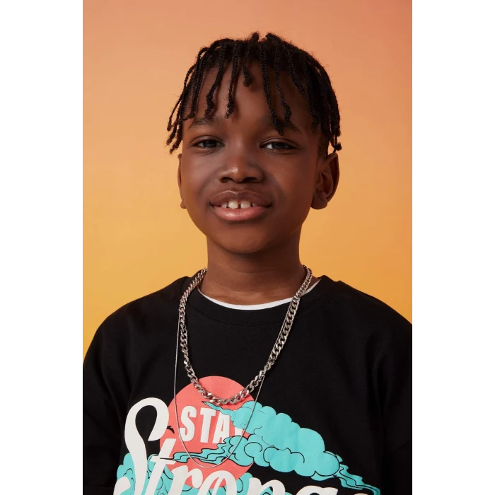 Defacto C3167 Siyah Erkek Çocuk Oversize Geniş Kalıp Bisiklet Yaka Baskılı Kısa Kollu Tişört