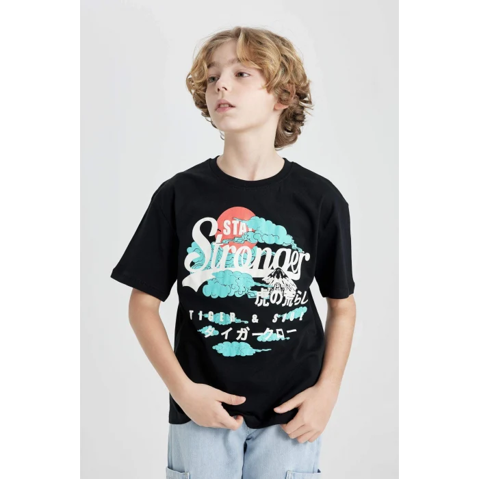 Defacto C3167 Siyah Erkek Çocuk Oversize Geniş Kalıp Bisiklet Yaka Baskılı Kısa Kollu Tişört