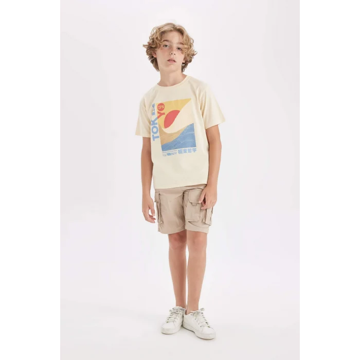 Defacto D2420 Bej Erkek Çocuk Bisiklet Yaka Baskılı Kısa Kollu Tişört
