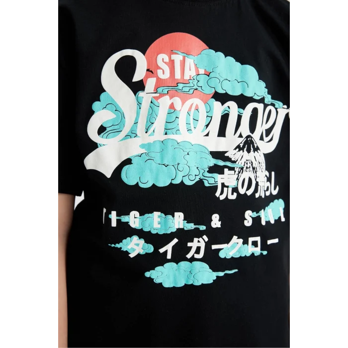 Defacto C3167 Siyah Erkek Çocuk Oversize Geniş Kalıp Bisiklet Yaka Baskılı Kısa Kollu Tişört