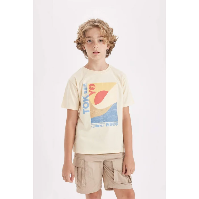 Defacto D2420 Bej Erkek Çocuk Bisiklet Yaka Baskılı Kısa Kollu Tişört