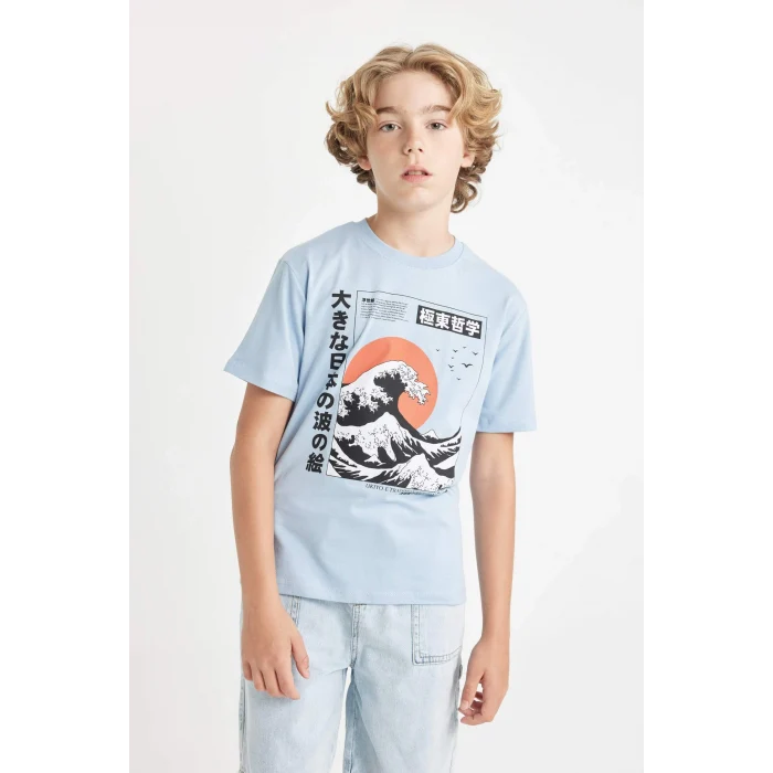 Defacto D2421 Mavi Erkek Çocuk Bisiklet Yaka Baskılı Kısa Kollu Tişört