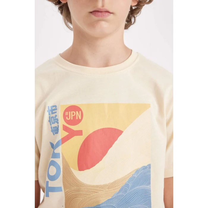 Defacto D2420 Bej Erkek Çocuk Bisiklet Yaka Baskılı Kısa Kollu Tişört