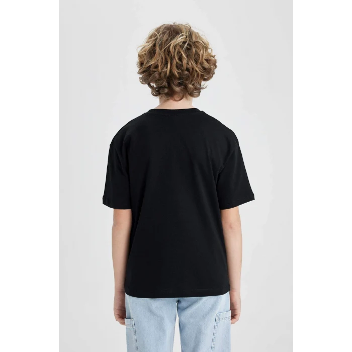 Defacto C3167 Siyah Erkek Çocuk Oversize Geniş Kalıp Bisiklet Yaka Baskılı Kısa Kollu Tişört