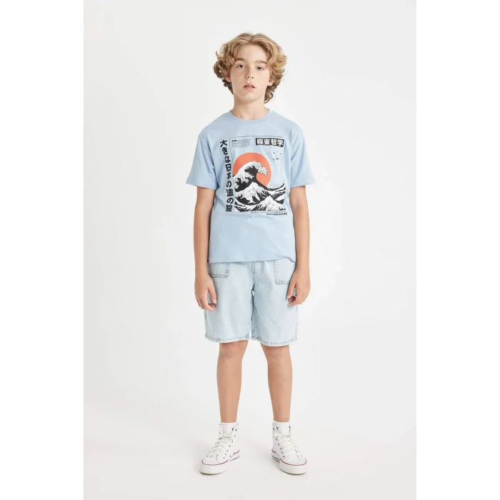 Defacto D2421 Mavi Erkek Çocuk Bisiklet Yaka Baskılı Kısa Kollu Tişört