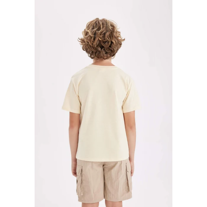 Defacto D2420 Bej Erkek Çocuk Bisiklet Yaka Baskılı Kısa Kollu Tişört