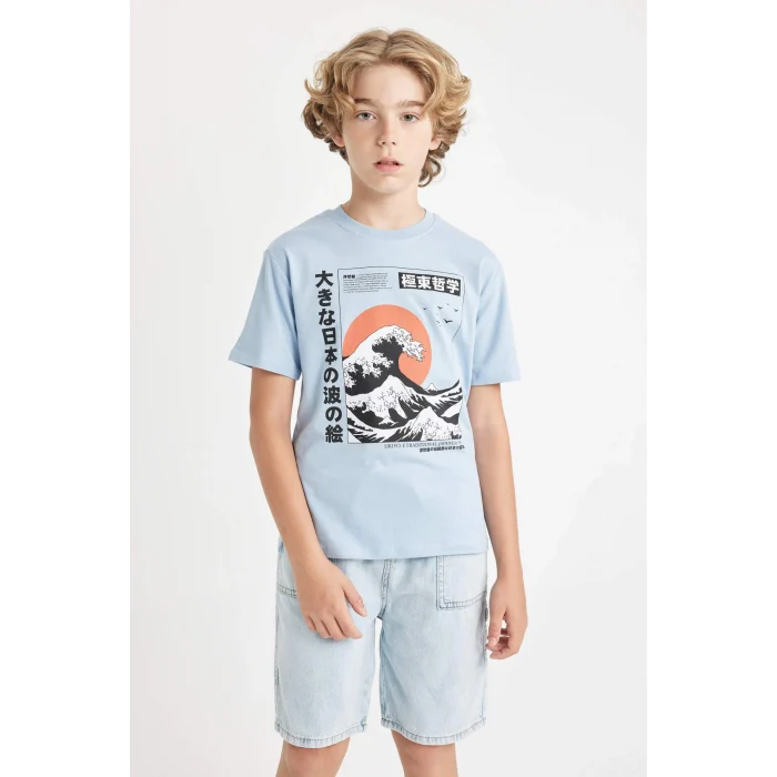 Defacto D2421 Mavi Erkek Çocuk Bisiklet Yaka Baskılı Kısa Kollu Tişört