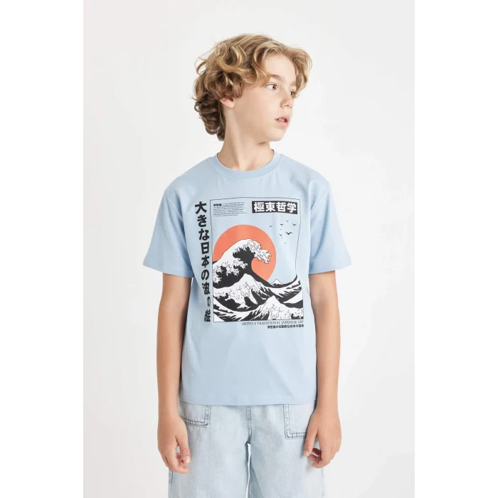 Defacto D2421 Mavi Erkek Çocuk Bisiklet Yaka Baskılı Kısa Kollu Tişört