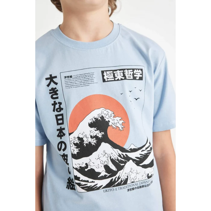 Defacto D2421 Mavi Erkek Çocuk Bisiklet Yaka Baskılı Kısa Kollu Tişört