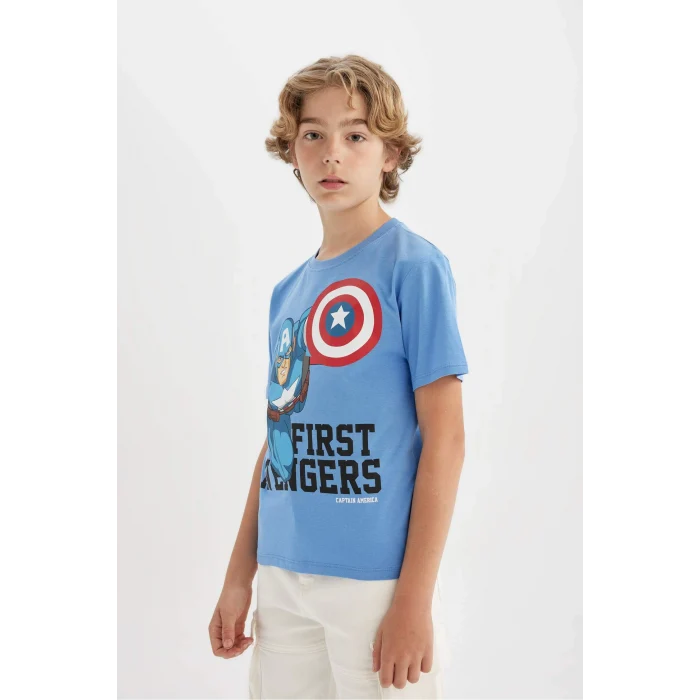 Defacto C3105 Mavi Erkek Çocuk Marvel Avengers Bisiklet Yaka Kısa Kollu Tişört
