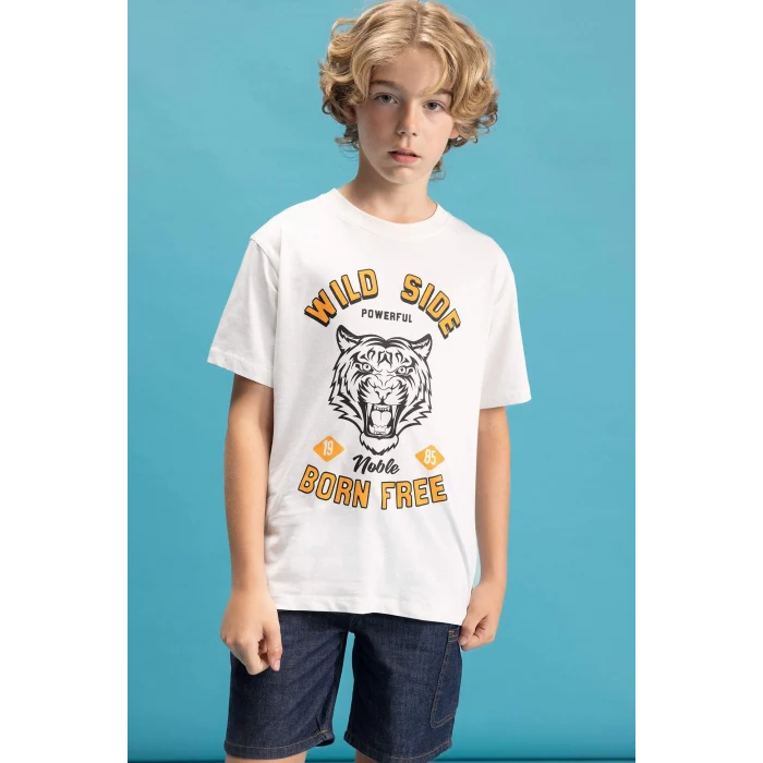 Defacto C6257 Ekru Erkek Çocuk Bisiklet Yaka Renk Şekil Değiştiren Basklı Kısa Kollu Tişört