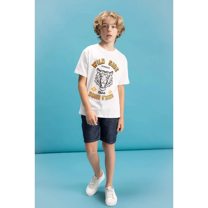 Defacto C6257 Ekru Erkek Çocuk Bisiklet Yaka Renk Şekil Değiştiren Basklı Kısa Kollu Tişört