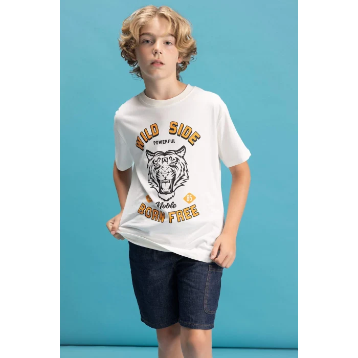 Defacto C6257 Ekru Erkek Çocuk Bisiklet Yaka Renk Şekil Değiştiren Basklı Kısa Kollu Tişört