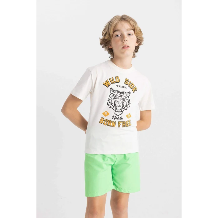 Defacto C6257 Ekru Erkek Çocuk Bisiklet Yaka Renk Şekil Değiştiren Basklı Kısa Kollu Tişört