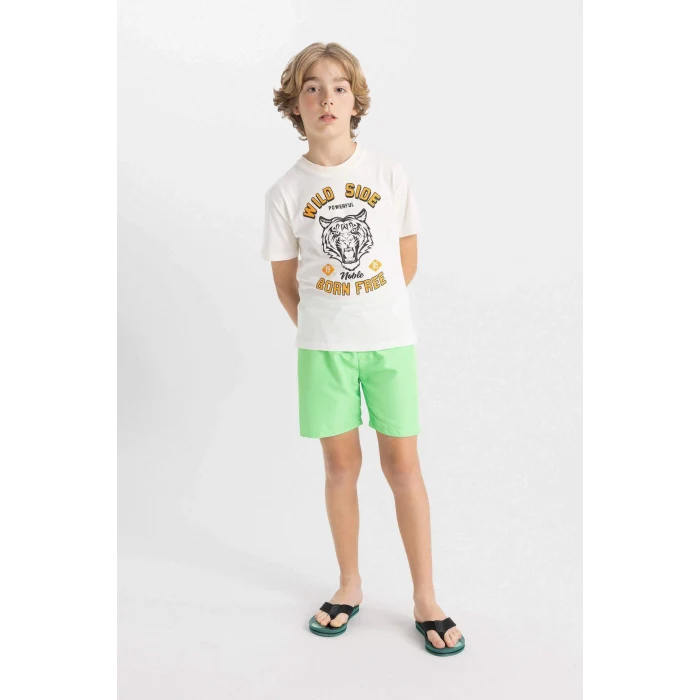 Defacto C6257 Ekru Erkek Çocuk Bisiklet Yaka Renk Şekil Değiştiren Basklı Kısa Kollu Tişört