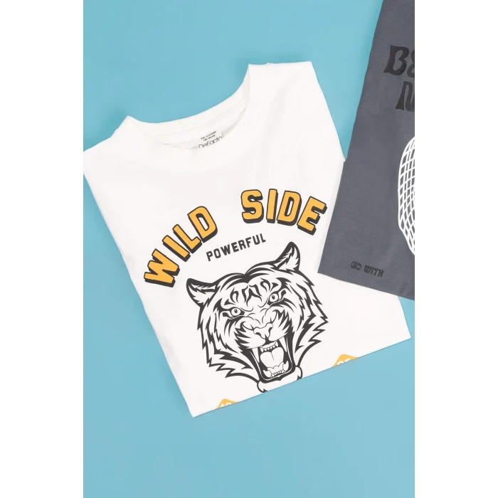 Defacto C6257 Ekru Erkek Çocuk Bisiklet Yaka Renk Şekil Değiştiren Basklı Kısa Kollu Tişört