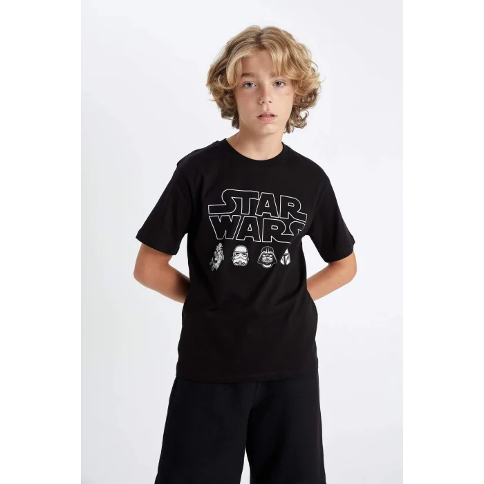 Defacto D2101 Siyah Erkek Çocuk Star Wars Bisiklet Yaka Kısa Kollu Tişört