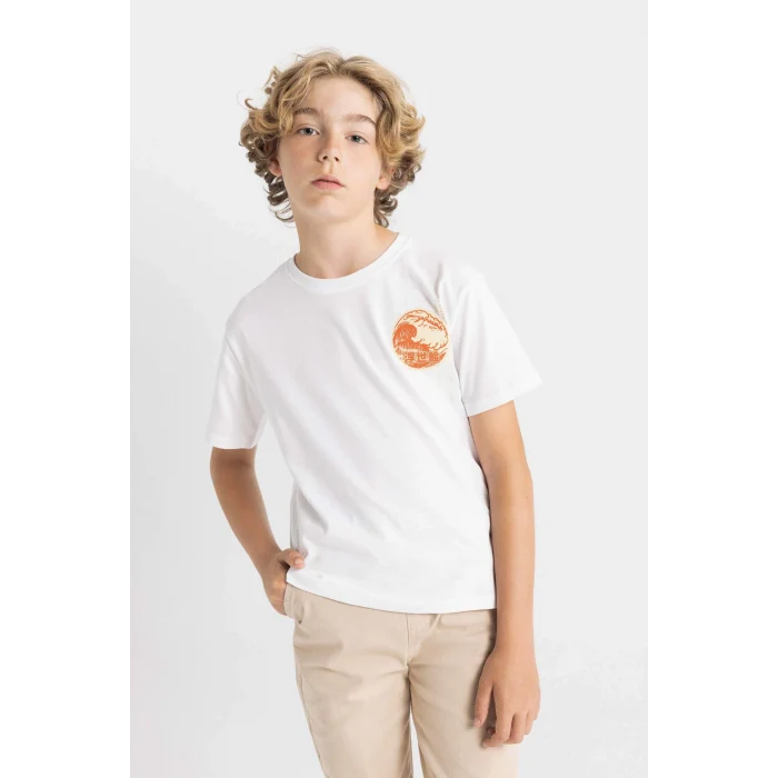 Defacto D2418 Beyaz Erkek Çocuk Bisiklet Yaka Baskılı Kısa Kollu Tişört