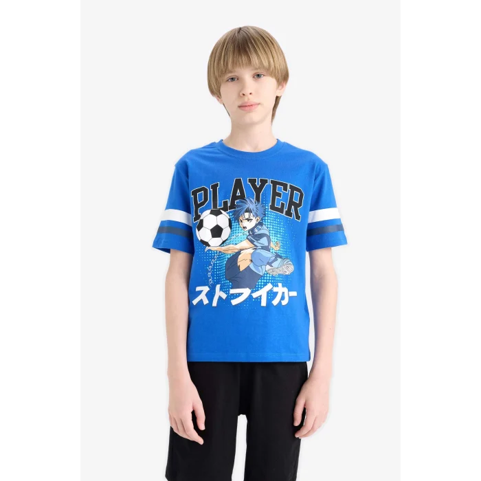 Defacto E2819 Mavi Erkek Çocuk 2li Takım Kısa Kollu Baskılı Tişört Esnek Belli Şort Alt