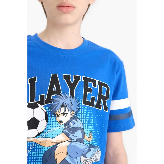 Defacto E2819 Mavi Erkek Çocuk 2li Takım Kısa Kollu Baskılı Tişört Esnek Belli Şort Alt