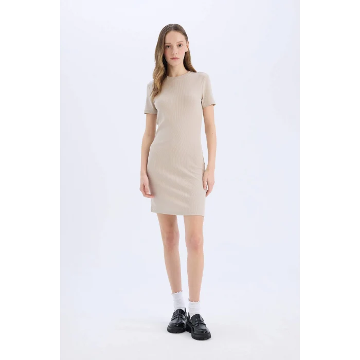 Defacto E7231 Bej Coool Bodycon Vücudu Saran Bisiklet Yaka Fitilli Kaşkorse Kısa Kollu Mini Elbise