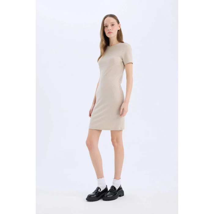 Defacto E7231 Bej Coool Bodycon Vücudu Saran Bisiklet Yaka Fitilli Kaşkorse Kısa Kollu Mini Elbise