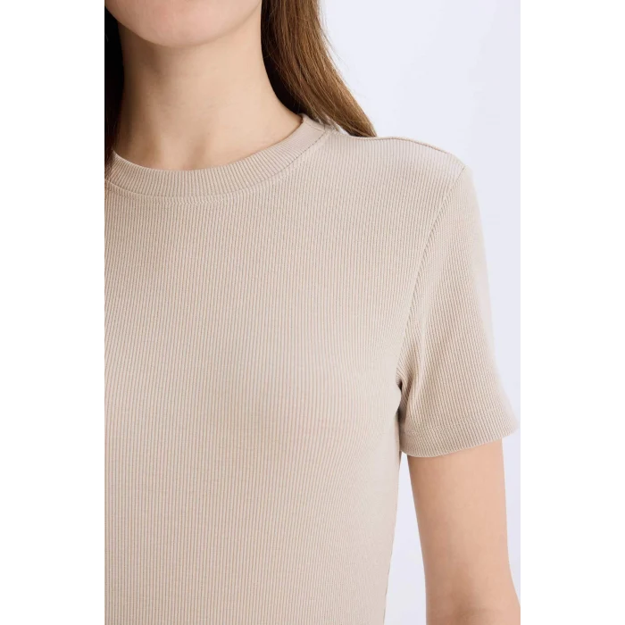 Defacto E7231 Bej Coool Bodycon Vücudu Saran Bisiklet Yaka Fitilli Kaşkorse Kısa Kollu Mini Elbise