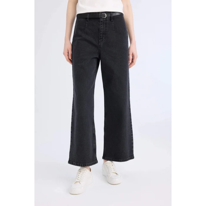 Defacto D5887 Siyah Culotte Yüksek Bel Rahat Kalıp Bilek Boy İspanyol Paça Kemerli Jean Yıkamalı Pantolon