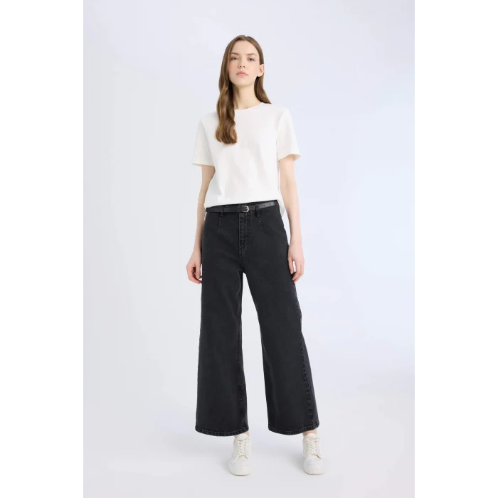 Defacto D5887 Siyah Culotte Yüksek Bel Rahat Kalıp Bilek Boy İspanyol Paça Kemerli Jean Yıkamalı Pantolon