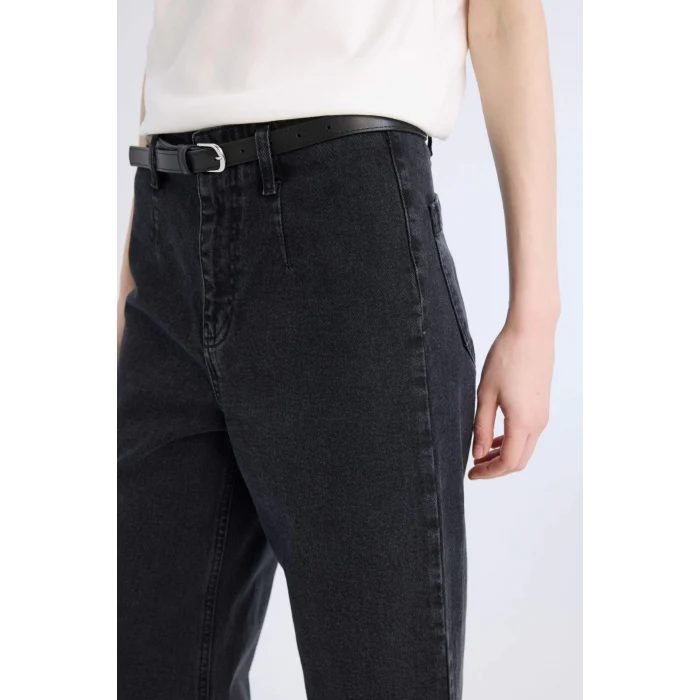 Defacto D5887 Siyah Culotte Yüksek Bel Rahat Kalıp Bilek Boy İspanyol Paça Kemerli Jean Yıkamalı Pantolon