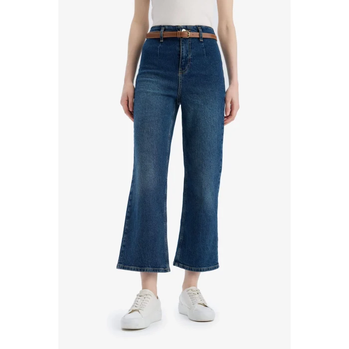 Defacto D4325 Mavi Culotte Yüksek Bel Kısa Geniş Paça Kemerli Jean Yıkamalı Pantolon