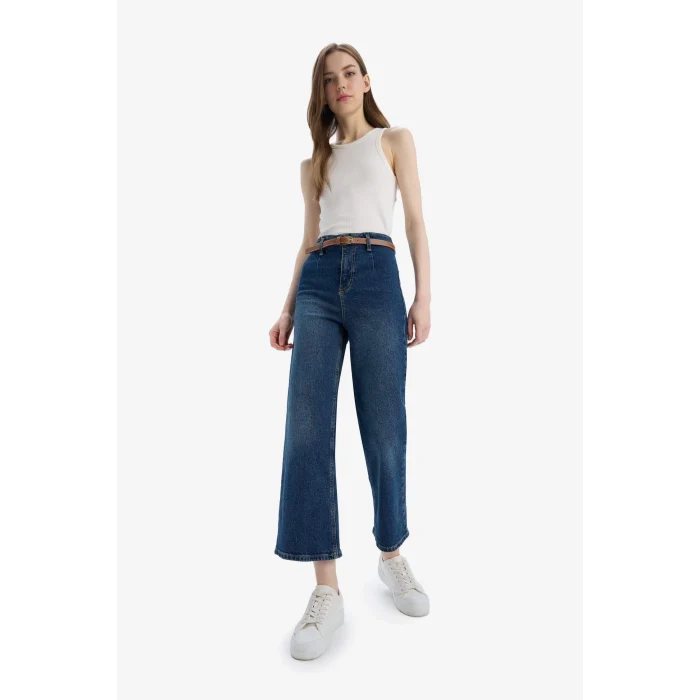 Defacto D4325 Mavi Culotte Yüksek Bel Kısa Geniş Paça Kemerli Jean Yıkamalı Pantolon