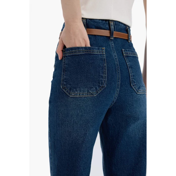 Defacto D4325 Mavi Culotte Yüksek Bel Kısa Geniş Paça Kemerli Jean Yıkamalı Pantolon