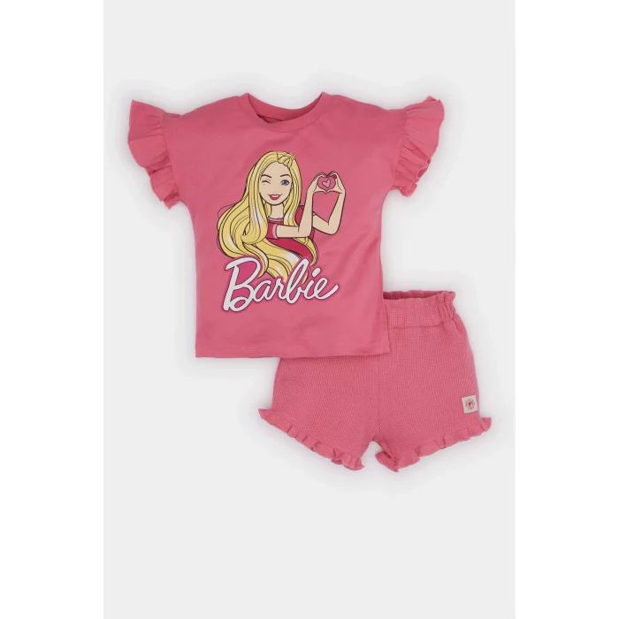 Defacto E9128 Pembe Kız Bebek Barbie 2li Takım Kısa Kollu Tişört Beli Lastikli Şort
