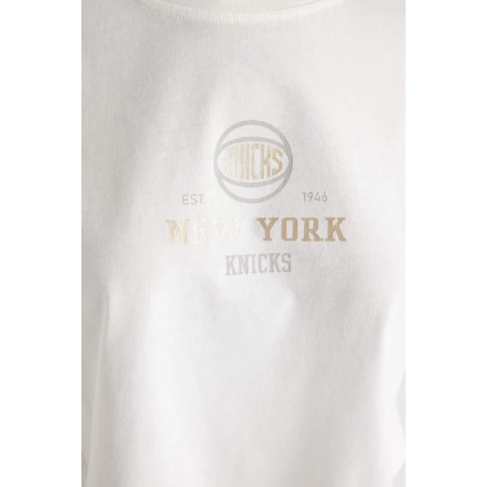 Defacto C0008 Ekru DeFactoFit NBA New York Knicks Bisiklet Yaka Kısa Kollu Tişört