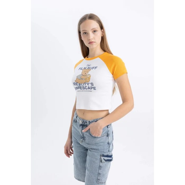 Defacto C5720 Turuncu Coool Fitted Bisiklet Yaka Baskılı Fitilli Kaşkorse Kısa Kollu Tişört