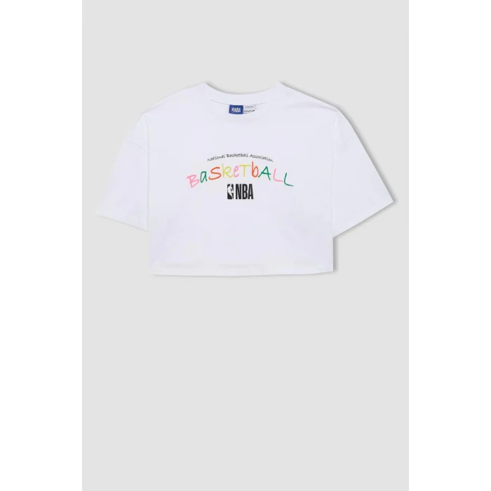 Defacto B9974 Beyaz DeFactoFit NBA Wordmark Oversize Geniş Kalıp Bisiklet Yaka Kısa Kollu Tişört